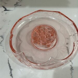 Elegant Pink depression glass water bowl with flower front. Etched glass